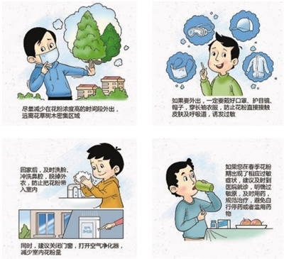 圖為春季花粉過(guò)敏防護(hù)指南。  王 威作（新華社發(fā)）
